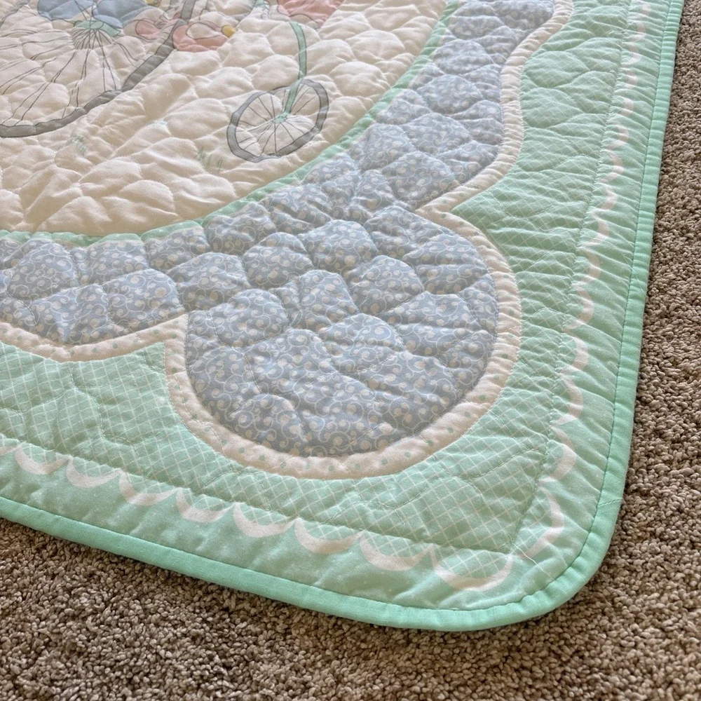Vtg That's Our Baby Crib Blanket Bunnies Rabbit Tandem Bicycle‎ Bike 40.5x32